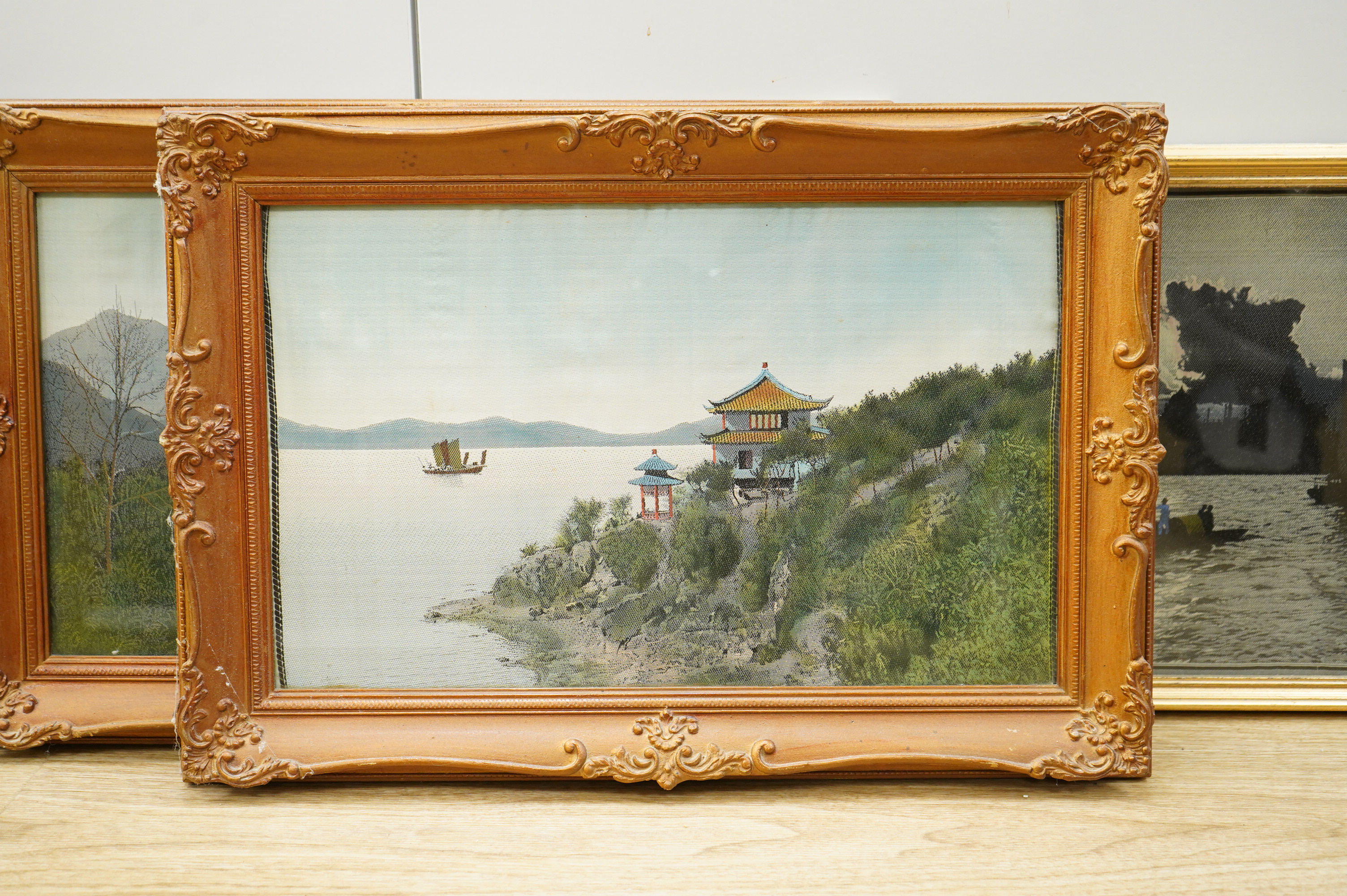 Four Chinese machine woven landscapes, framed, 24 x 39cm